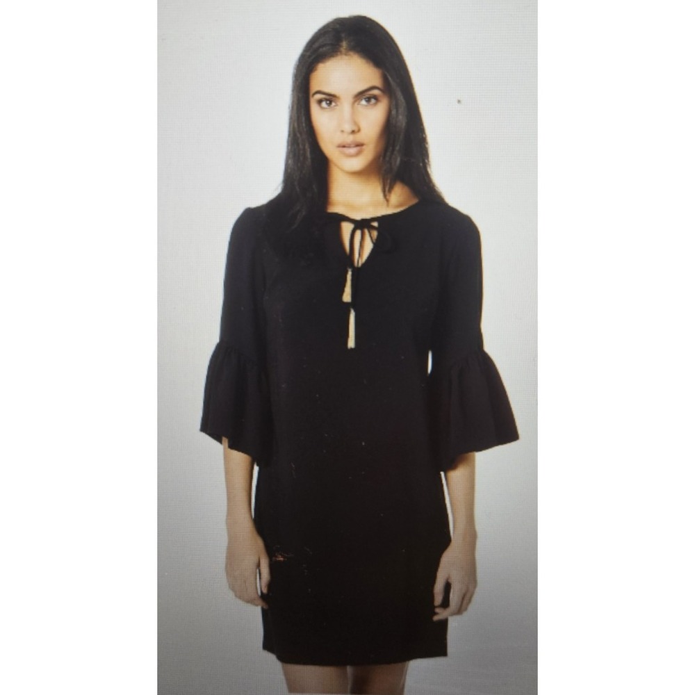TRINA TURK woman Sz Small v neck with metal tassel tie Baroque bell sleeve dress